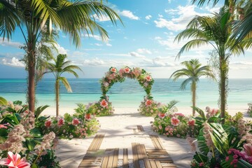 Fototapeta premium Wedding arch on tropical beach with palm trees and flowers.
