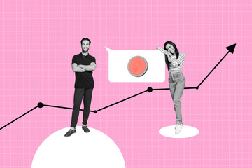 Trend artwork sketch 3D photo collage of two couple man lady teamwork together do project analyze...