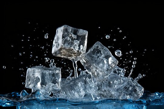 Macro shot of ice cubes creating a splash in a fizzy soda, with a crisp, clean background tailored for commercial beverage promotions