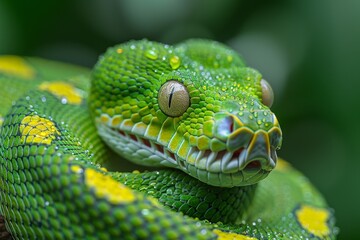 Fototapeta premium Green Tree Python: Wrapped around a branch with vibrant green scales, contrasting with the background 