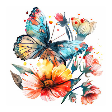 Watercolor Colorful Butterfly and Flowers Clipart isolated on White Background