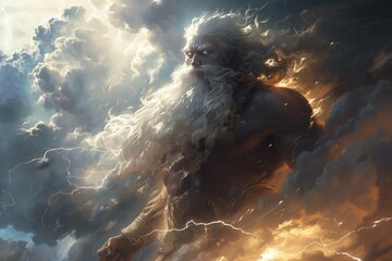 Zeus menacing evil in the clouds male appearance with a beard and a stern look with lightning in thunderclouds furiously strikes with flashes of electric discharges - obrazy, fototapety, plakaty