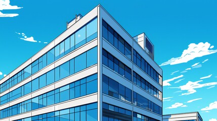 Illustrations of an office building against a blue sky background .