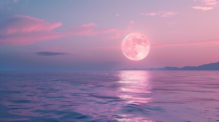 Blue sea and pink sky Saw a large moon in the distance. beauty of nature