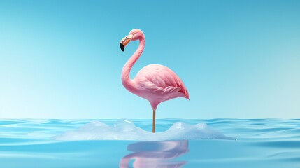 Melting pink stick ice cream with a flamingo float against a pastel blue backdrop. A minimalist summer theme with a creative thought. three-dimensional rendering Illustrations .