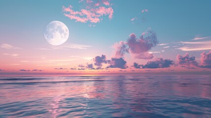 Blue sea and pink sky Saw a large moon in the distance. beauty of nature