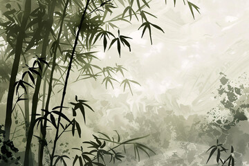 Green and white hued digital painting of a dense bamboo forest