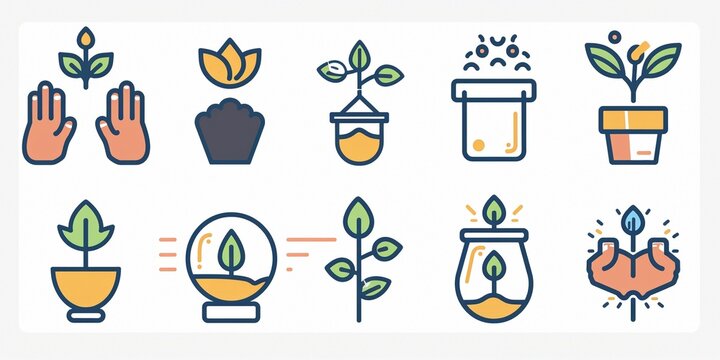 Soil testing flat line icons set. Agriculture, planting vector illustrations, hands holding ground with spring, plant fertilizer. Thin signs for agrology survey. Pixel perfect 64x64. Editable Strokes.
