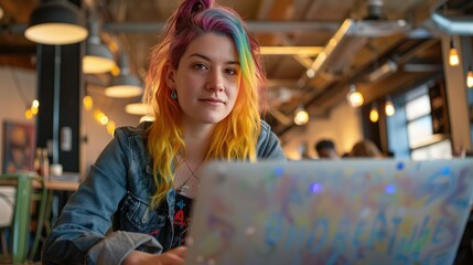 portrait of a female programmer with a brightly colored hair, showcasing diversity and individuality in the tech industry, as she works on her laptop in a contemporary coworking environment. 