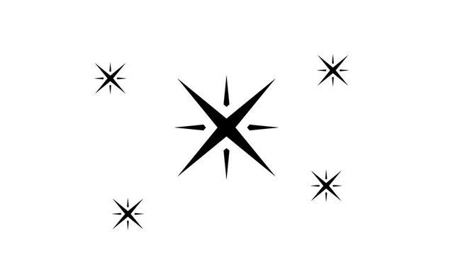 Zoom in and out animation the star symbol. Large black symbol in the center and four small symbols around. Seamless looped 4k animation on white background