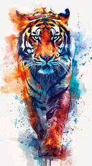 Tiger drawing design portrait illustration in vivid watercolor multicolor style