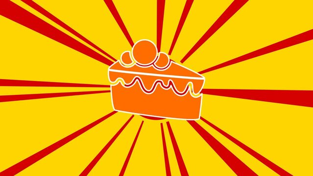 Piece of cake symbol on the background of animation from moving rays of the sun. Large orange symbol increases slightly. Seamless looped 4k animation on yellow background