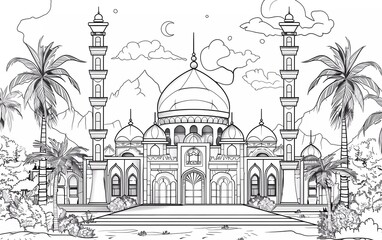 Mosque building for coloring page, vector illustration