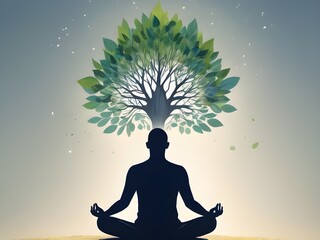 Imagine the impact of self-reflection and mindfulness on mental health. A man sits meditating with an abstract tree extending above his head. Each leaf represents a conscious thought. Generative AI