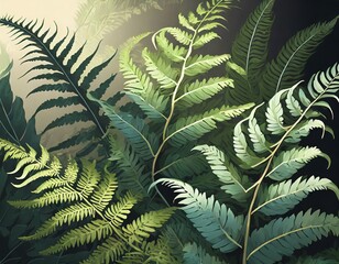 drawing of fern plant leaves on white background