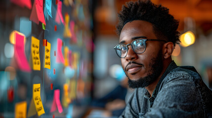 Obraz premium Thoughtful African American Man Engaged in Startup Brainstorming Session in Vibrant Urban Setting