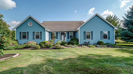 A serene periwinkle home adorned with siding and shutters exudes charm amidst the tranquil surroundings of the suburban landscape on a sunny day.