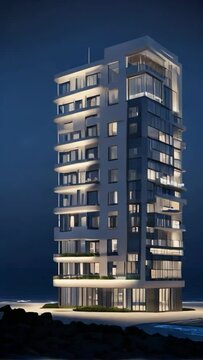 The high-rise building of the hotel in the constructivist style on the seashore at night, Modular square windows, modular mesh facade, panoramic glazing on the roof