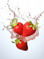 Fresh wet strawberry and water splashes on white background. Juice berries poster. Vegan food. 