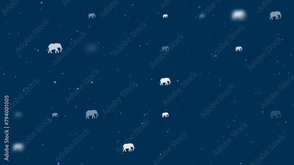 Poster template animation of evenly spaced elephant symbols of different sizes and opacity. animation of tr