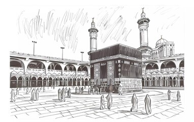 Holy Kaaba in Mecca Saudi Arabia with muslim people, hand drawn, vector sketch