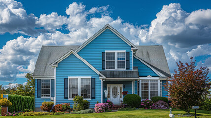A serene sky blue home adorned with siding and shutters exudes charm amidst the tranquil surroundings of the suburban landscape on a sunny day. - obrazy, fototapety, plakaty