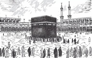 Holy Kaaba in Mecca Saudi Arabia with muslim people, hand drawn, vector sketch