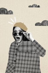 Vertical photo collage of astonished shocked girl wear casual beret coat cold weather bad clouds...