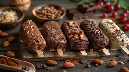 Assorted vegan ice cream bars dipped in dark chocolate and nuts, on a rustic wooden table, golden hour light