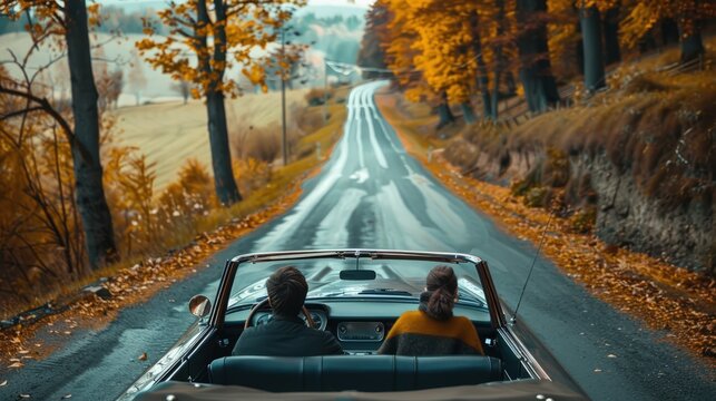 Young couple going on vacation trip using old classic cabriolet car on asphalt road during autumn warm light afternoon. - Powered by Adobe