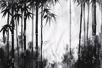 Silhouettes of bamboo trees in grayscale foggy background
