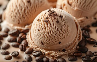 Close-up of a scoop of coffee ice cream, showing detailed texture of coffee bean flecks within the creamy base
