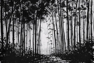 Monochrome bamboo forest painting with dense foliage and pathway