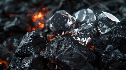 Macro photo. Diamonds on black coal background.