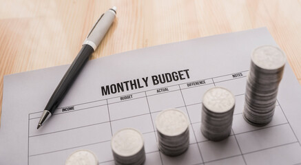 A monthly budget form printed on paper and pen on the table. Coins overlapping on the table representing a raise