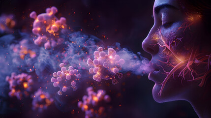 Ethereal Depiction of Cystic Fibrosis Respiratory and Digestive System Challenges Transforming into Mystical Particle Cloud
