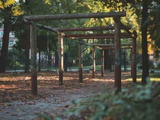A minimalist exercise area in a urban park, featuring simple workout equipment for outdoor fitness.