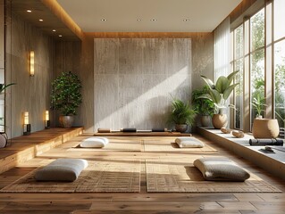 Contemporary exercise room featuring yoga mats, blocks, and straps for a serene and minimalist atmosphere.