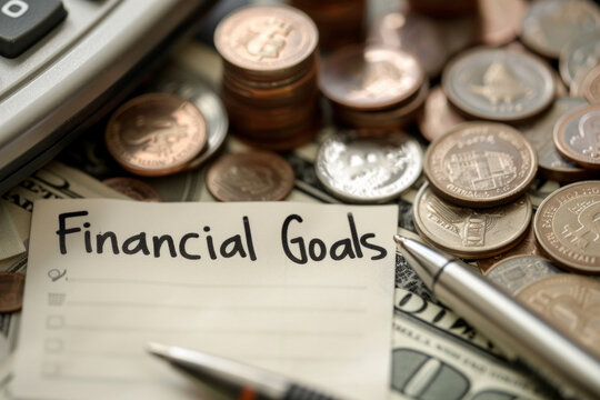 A blank note with the words "Financial Goals" written on it, placed alongside coins, banknotes, and a calculator. 