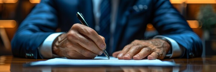Fototapeta premium Suited man concentrates on signing crucial paperwork