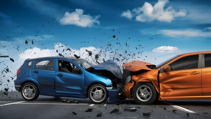 Fototapeta na wymiar high-speed collision between a vibrant blue car and an intense orange car, both traveling at breakneck speeds. Debris is scattered everywhere, including tires, glass shards, and other car components