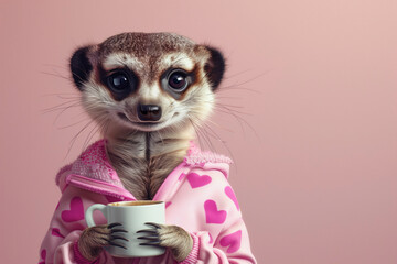 Meerkat in heart pajamas holing a mug with morning cacao - cozy awakenings and delightful beginnings