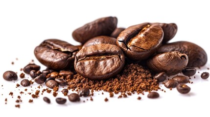 Fototapeta premium Freshly Roasted Coffee Beans with Coffee Grounds on a White Background Image of a Beverage Made from Coffee Granules with Space for Text