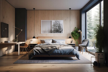 Cozy interior of bedroom in modern house in Scandi style.