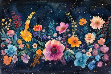 A watercolor painting of a meadow of flowers at night with a starry sky.