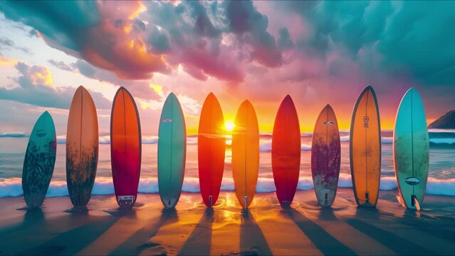 Many surfboards aligned on the beach with beautiful sunset in background.