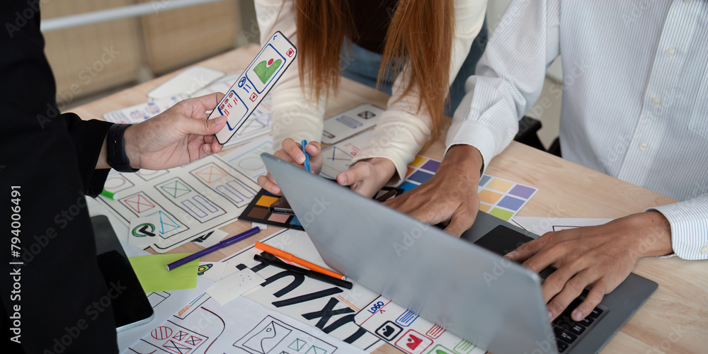 Poster brainstorm team of creative web graphic designer planning. creative designers present ux ui to team.