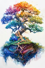 A watercolor painting of a rainbow tree with roots extending into the ground.