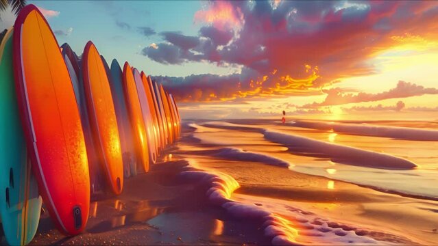 Many surfboards aligned on the beach with beautiful sunset in background.