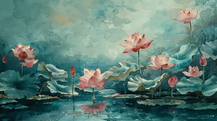 A watercolor painting of pink and white lotuses in a pond with green lily pads.